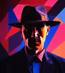man with hat and suit painted on wall,the man in the hat is standing with his hands folded