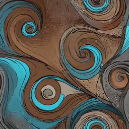 a blue and brown swirls in a pattern,a blue swirl is next to the wall