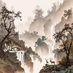a digital painting with some animals by the waterfall