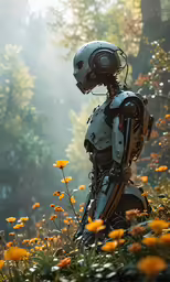 a robot is standing in the middle of the woods