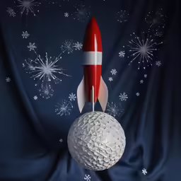 a red and white rocket sitting on top of a golf ball