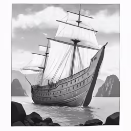 an old ship sailing on the ocean next to a rock cliff