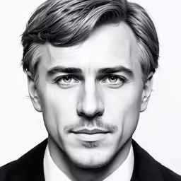 the black and white photo of a man in suit and tie