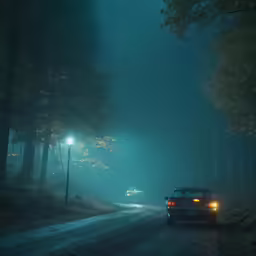 a car is driving through the foggy trees on a road