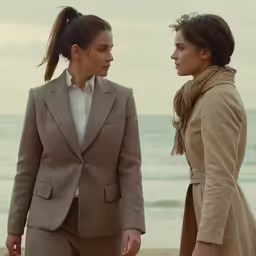 two young women stand together at the beach