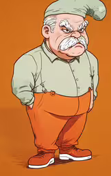 an old man with a big beard and hat standing on his belly,an old man in green shirt standing