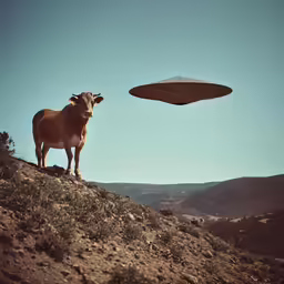 a brown cow standing on a hill with a parachute above it