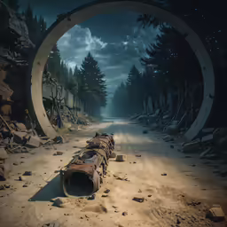 a dead pipe lies on a dirt road under a cloudy sky
