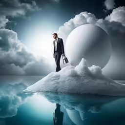 a man in a business suit standing on an iceberg with clouds in the background