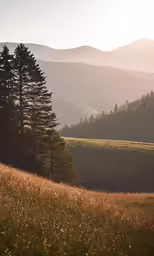 a grassy field with pine trees in the distance