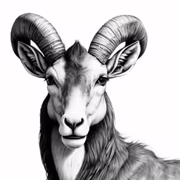 a goat with very long horns drawn in pencil