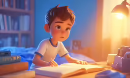 the little boy is sitting in his bed looking at the open book