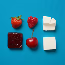 a piece of butter, jam, strawberries and fruit on a blue surface