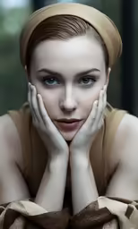 a woman with her hands resting her face