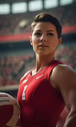 a person holding a soccer ball inside a stadium