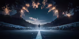 a man standing alone in the middle of a road