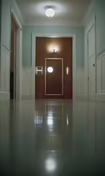 an empty long hall with a lit up light on the door