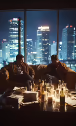 two men sitting on a couch with drinks