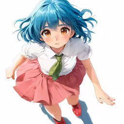 the character with blue hair has long, wavy hair and orange eyes