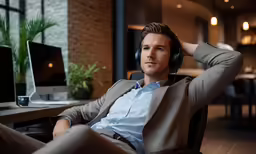 a man sitting in a chair with headphones on
