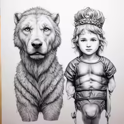 a drawing of a woman and a bear with a shirt on