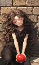 a little girl with long hair sitting down with her hands on her heart