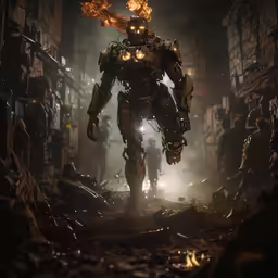 a sci - fi character standing in the middle of a room with some fire burning around it