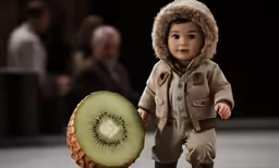 a doll of a child holding a kiwi slice