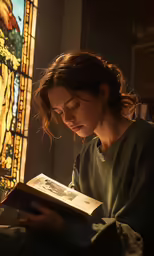 a girl reading a book by a stained glass window