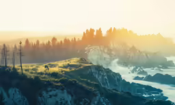 a person on a hillside overlooking trees and a lake