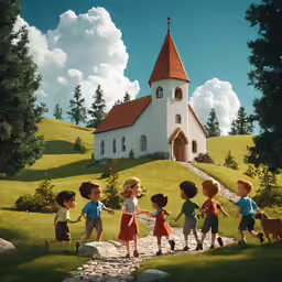 children are playing in front of the church