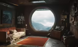 an old timey living room has a big window to the valley below