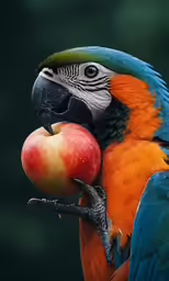 a colorful parrot is holding an apple in its beak