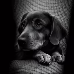 black and white photograph of a dog looking out of chair