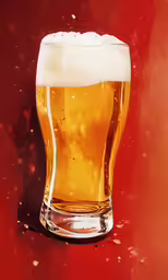 a glass full of beer next to a red background