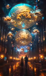 two people walking under floating lights in a large open space