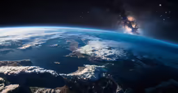 a planet view from space shows a crater and clouds