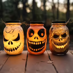 three decorated pumpkin jars sitting on a wood deck