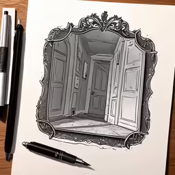 there is a drawing of a mirror with an open door