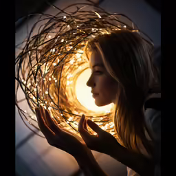 a woman is holding her hand up towards the light