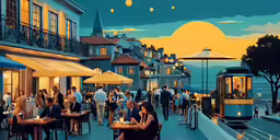 people at outdoor tables and some trolley on a hill