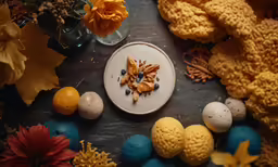 an arrangement of crochet easter decorations including candy eggs, orange flowers and eggs