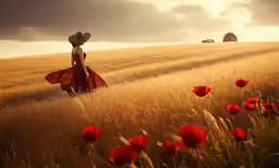 a woman in a field with red flowers