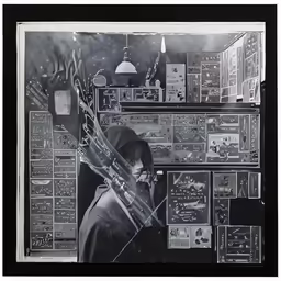 a black and white image of a person reading a paper