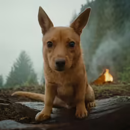 a small brown dog sitting in the forest