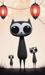 a family is standing under two lanterns