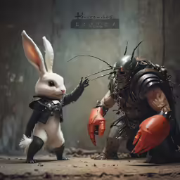 a statue of a bunny and demon fighting each other