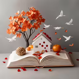 there is a house and a tree in the pages of a book