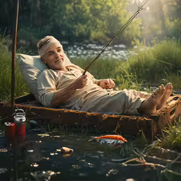 a man is lying in a wooden box on a river bank,a person lying on top of a wooden raft next to a river