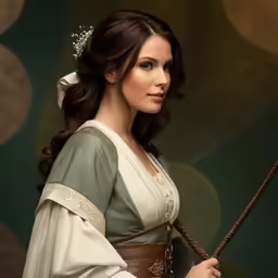 a woman in a medieval dress is holding a wand